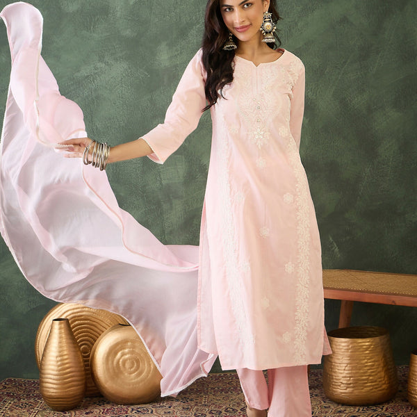 The52 Baby pink Women's Gorgeous Cotton Blend Fabric Thread Work Straight Kurta, Pant and Dupatta Set - Distacart