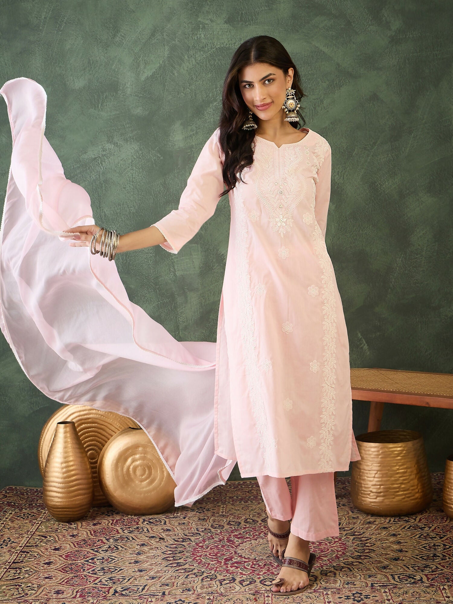 The52 Baby pink Women's Gorgeous Cotton Blend Fabric Thread Work Straight Kurta, Pant and Dupatta Set - Distacart