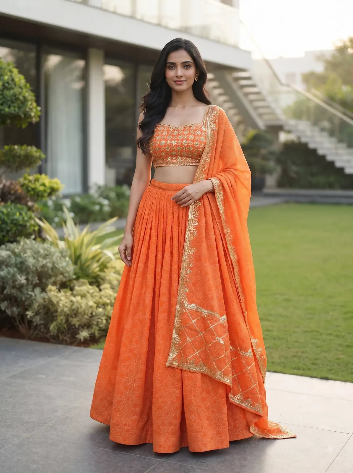 Teeya Creation Women's Orange Bandhani Print Georgette Chaniya Choli Set for Wedding & Garba
