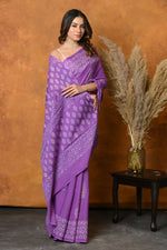 Thumbnail for Very Much Indian Handblock Printed Cotton Saree With Natural Dyes - Purple - Distacart
