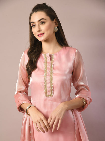 Myshka Women's Pink Solid Straight Party Kurta Set With Dupatta - Distacart