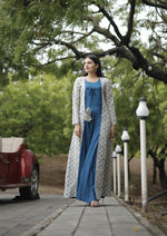 Thumbnail for Aastha Fashion Women's Blue Designer Rayon Gown with Crochet Embroidery Work Shrug - Distacart