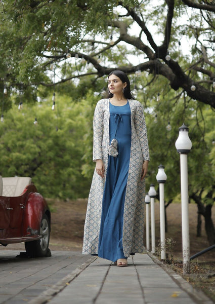 Aastha Fashion Women's Blue Designer Rayon Gown with Crochet Embroidery Work Shrug - Distacart