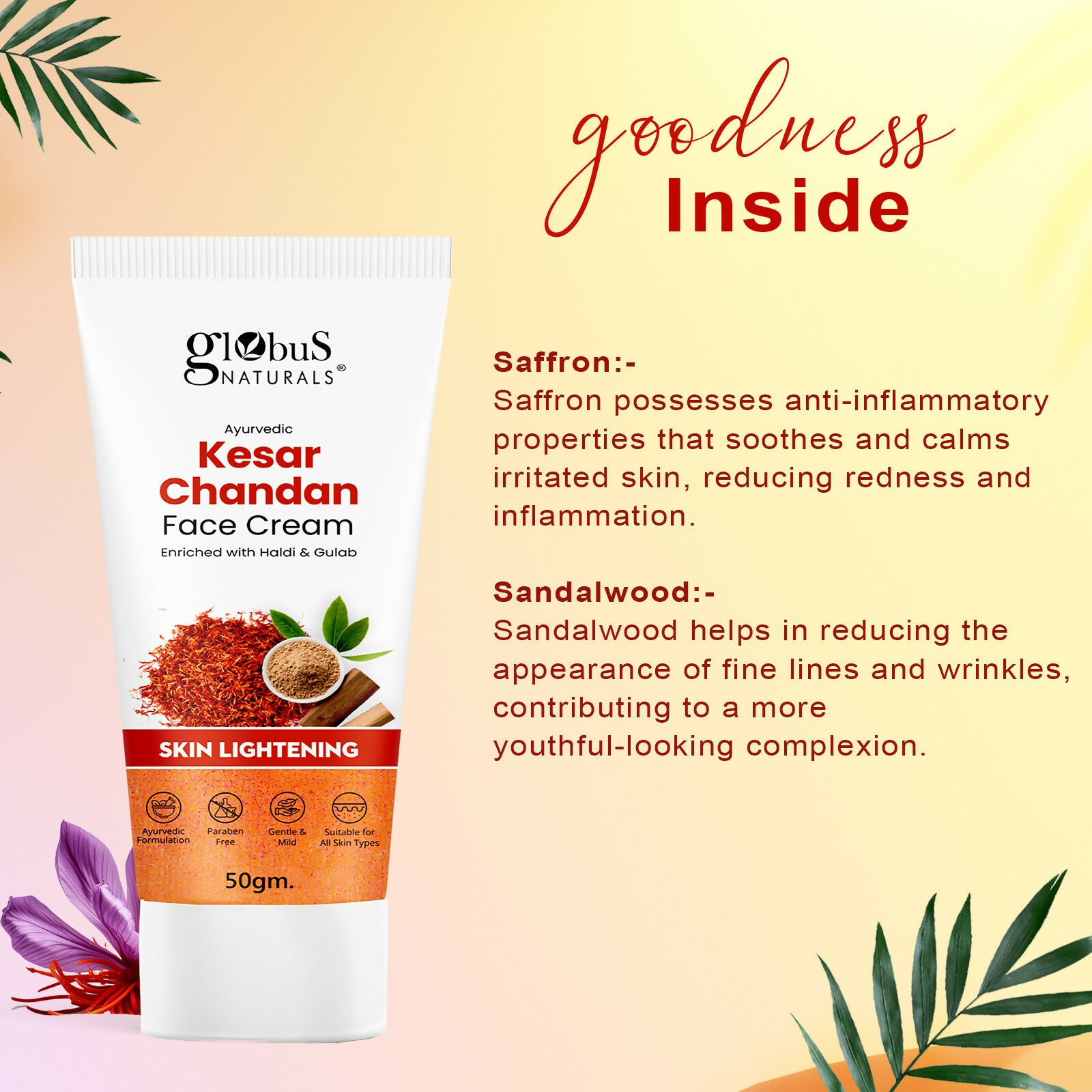 Globus Naturals Daily Glow Kesar Chandan Face Cream with SPF, Skin Lightening Formula For All Skin Types