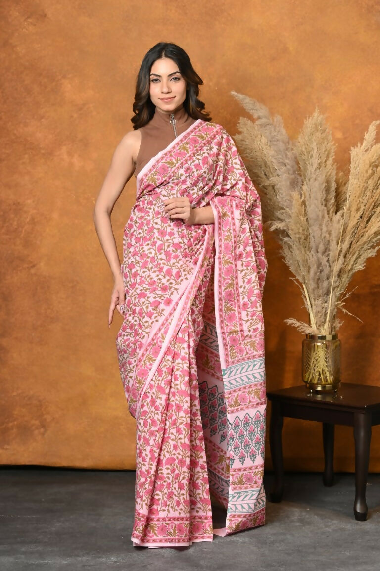 Very Much Indian Pure Cotton Handblock Printed Saree - Light Pink - Distacart