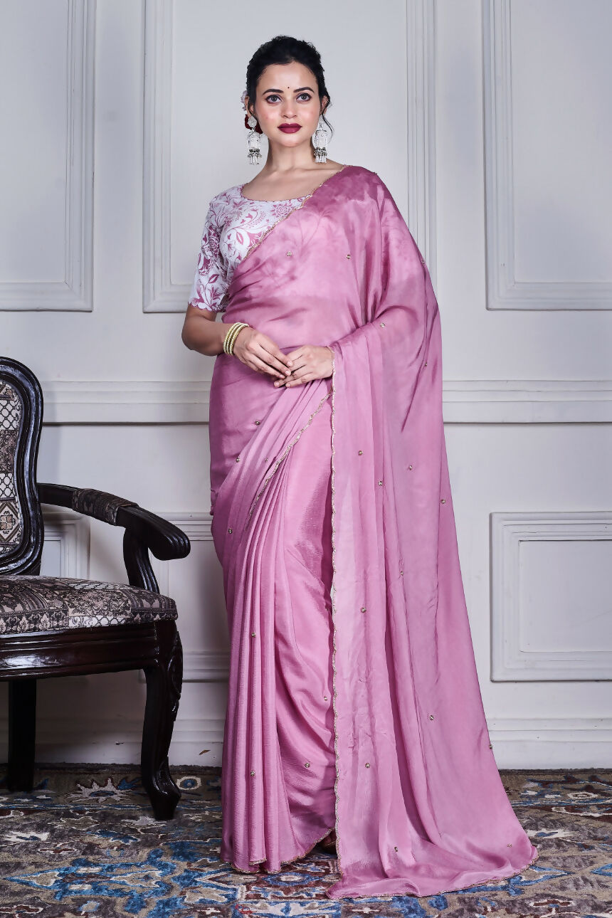 Morchari Purple Chiffon Hand Embroidery Saree And Stitched Blouse - Distacart