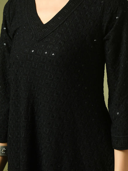 Myshka Women's Black Embroidered Cotton A-Line Party Kurta Set - Distacart