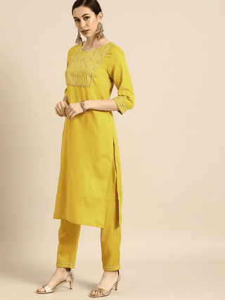 Anouk Women Mustard Yellow Yoke Design Foil Printed Kurta with Trousers & Dupatta - Distacart