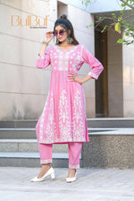 Thumbnail for BulBul Arushi Pink Rayon Kurta Set with Lucknowi Work