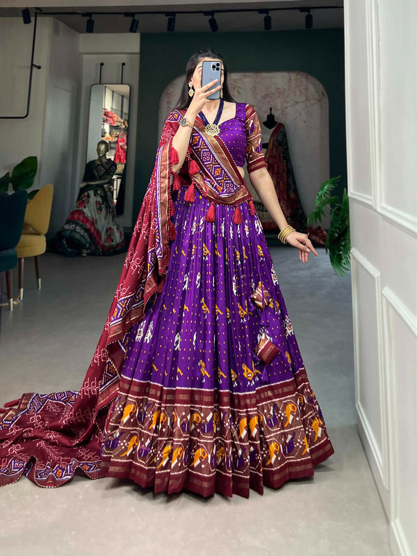 Vastranavya Traditional Ikkat Patola Print Tussar Silk Lehenga Choli - Purple - Distacart