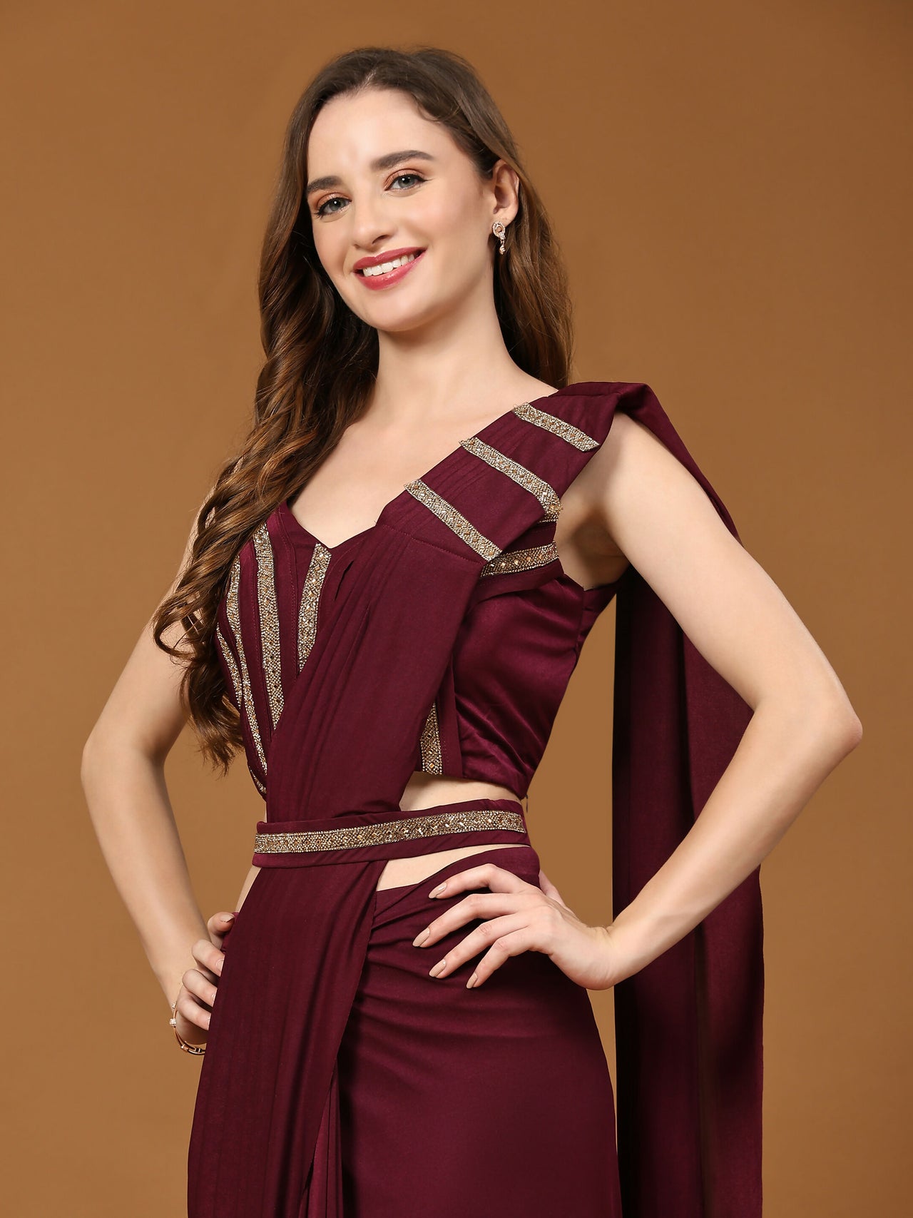 Maroon Polyester Solid Ready to Wear Saree with stitched Blouse - Nita - Distacart