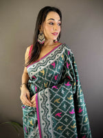 Thumbnail for Joban Fashion Dark Green Jacquard Woven Pattern Lichi Soft Silk Banarasi Saree - Dista