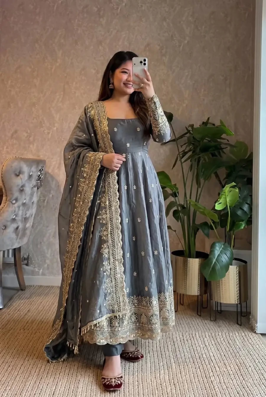 Teeya Creation Womens New Trendy Stylish Grey Zari Embroidered Silk Anarkali Suit Set with Dupatta - Dista