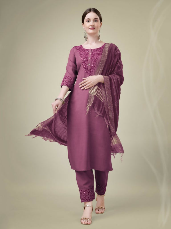 Jyoti Fashion Women's Onion Cotton Blend Embroidery & Sequence work Kurta with Trouser & Dupatta - Distacart