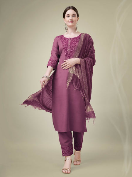Jyoti Fashion Women's Onion Cotton Blend Embroidery & Sequence work Kurta with Trouser & Dupatta - Distacart