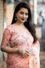 Thumbnail for Pink Pure Linen Ethnic Motifs Saree with Unstitched Blouse - A2M - Distacart