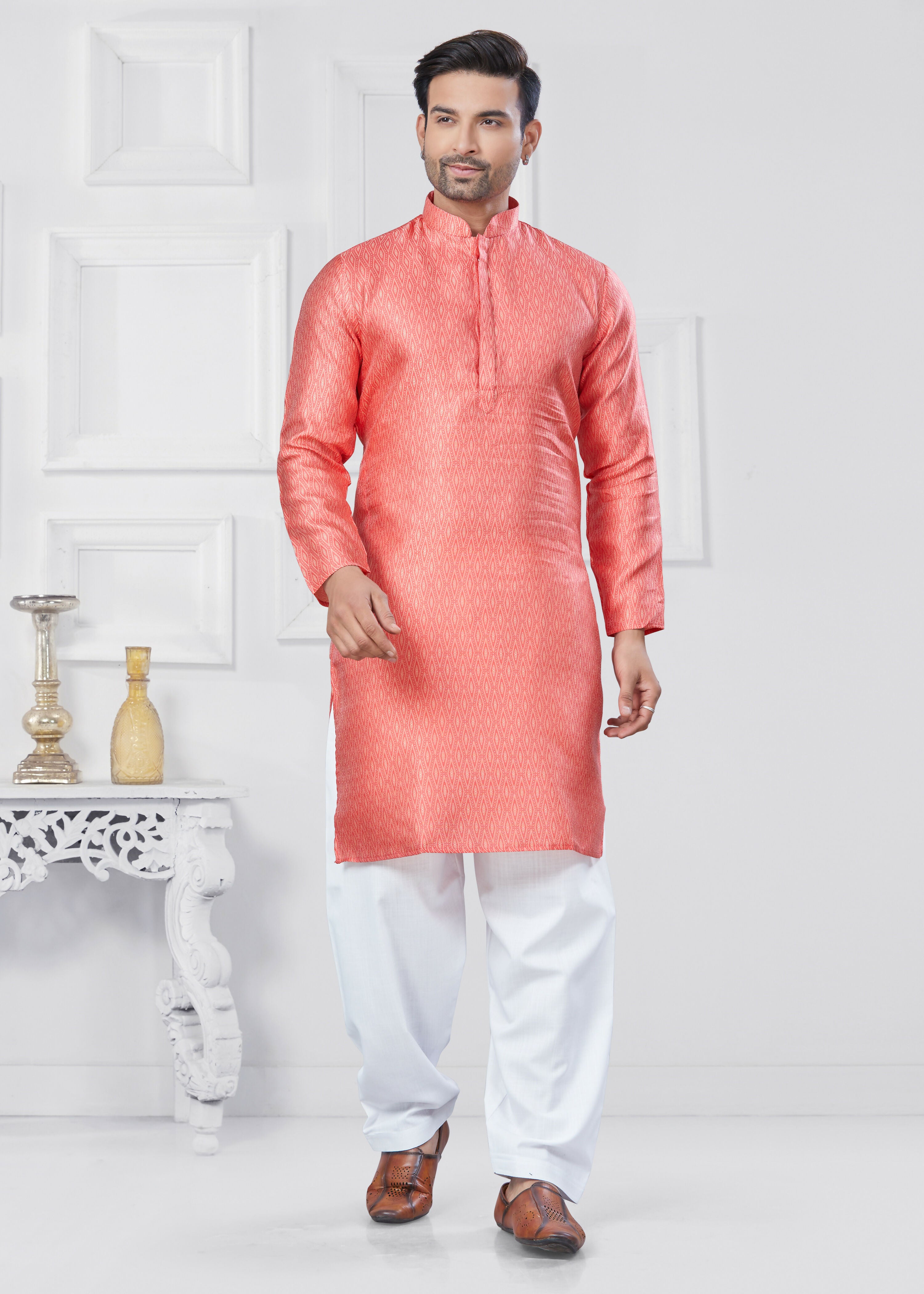 Joban Fashion Men's Jacquard Silk Pink Printed Kurta Pyjama set - Distacart