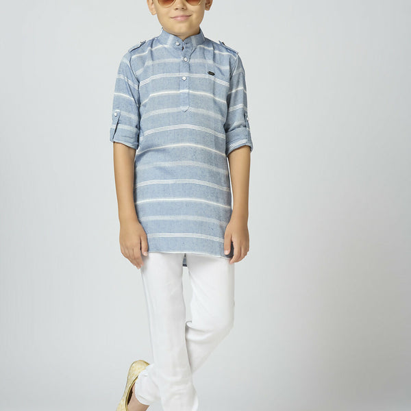 Joban Fashion Kids Island Full Sleeves Cotton Kurta and Pyjama Set with Strip - Blue - Distacart