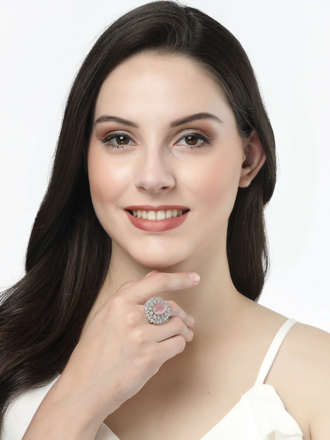 NVR Women's Pink & Silver CZ-Studded Handcrafted Adjustable Finger Ring - Distacart