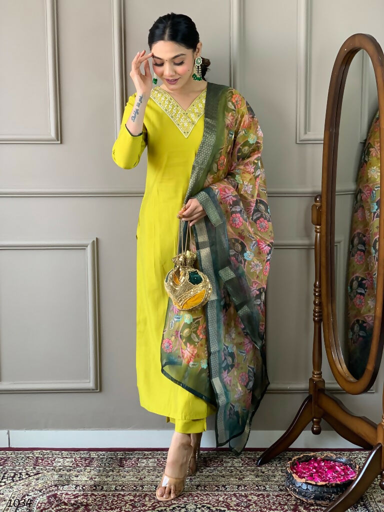 Partywear Designer Lemon Yellow Viscos Chanderi Stitched Suit With Dupatta - Tanisha - Distacart