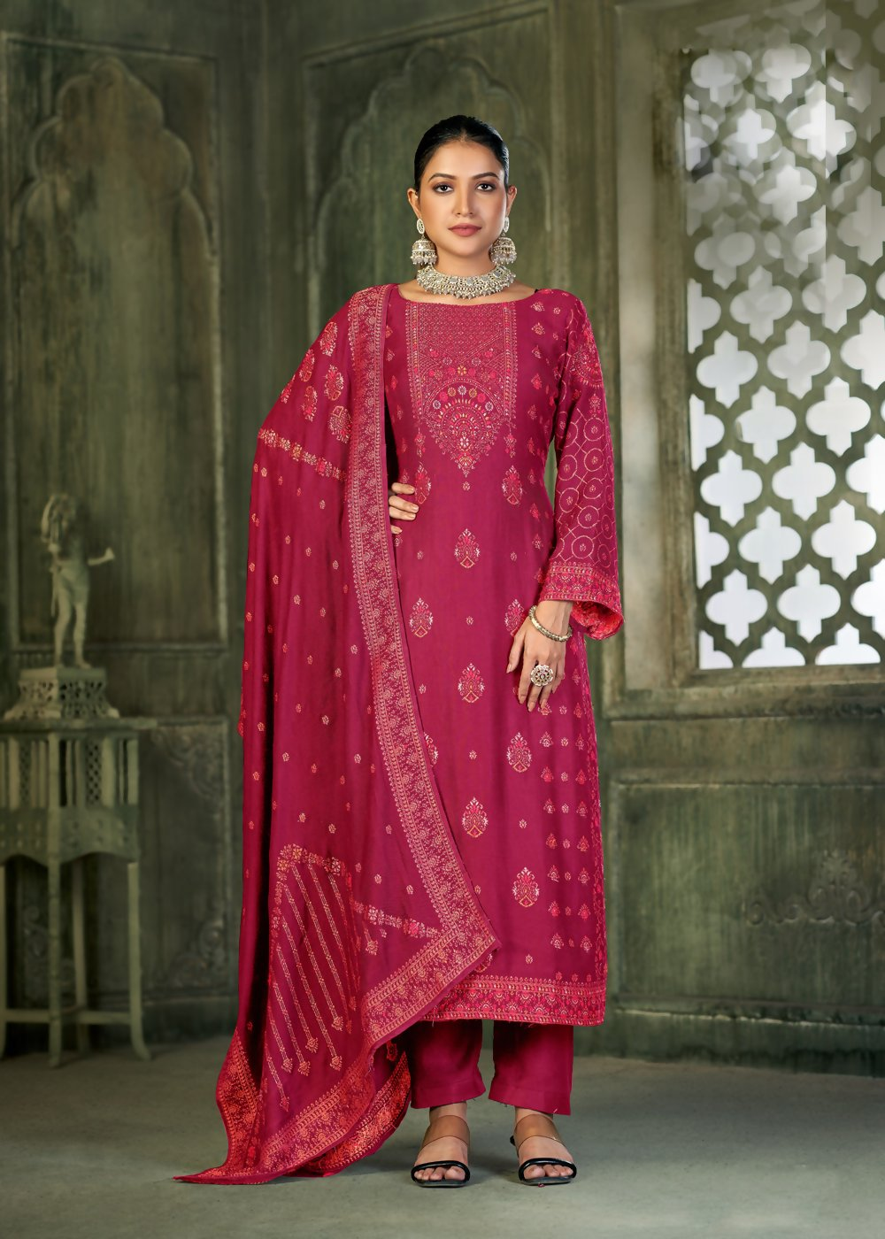 Red Viscose Pasmina Mina Work Kurta & Bottom with Dupatta - Natasha - Distacart