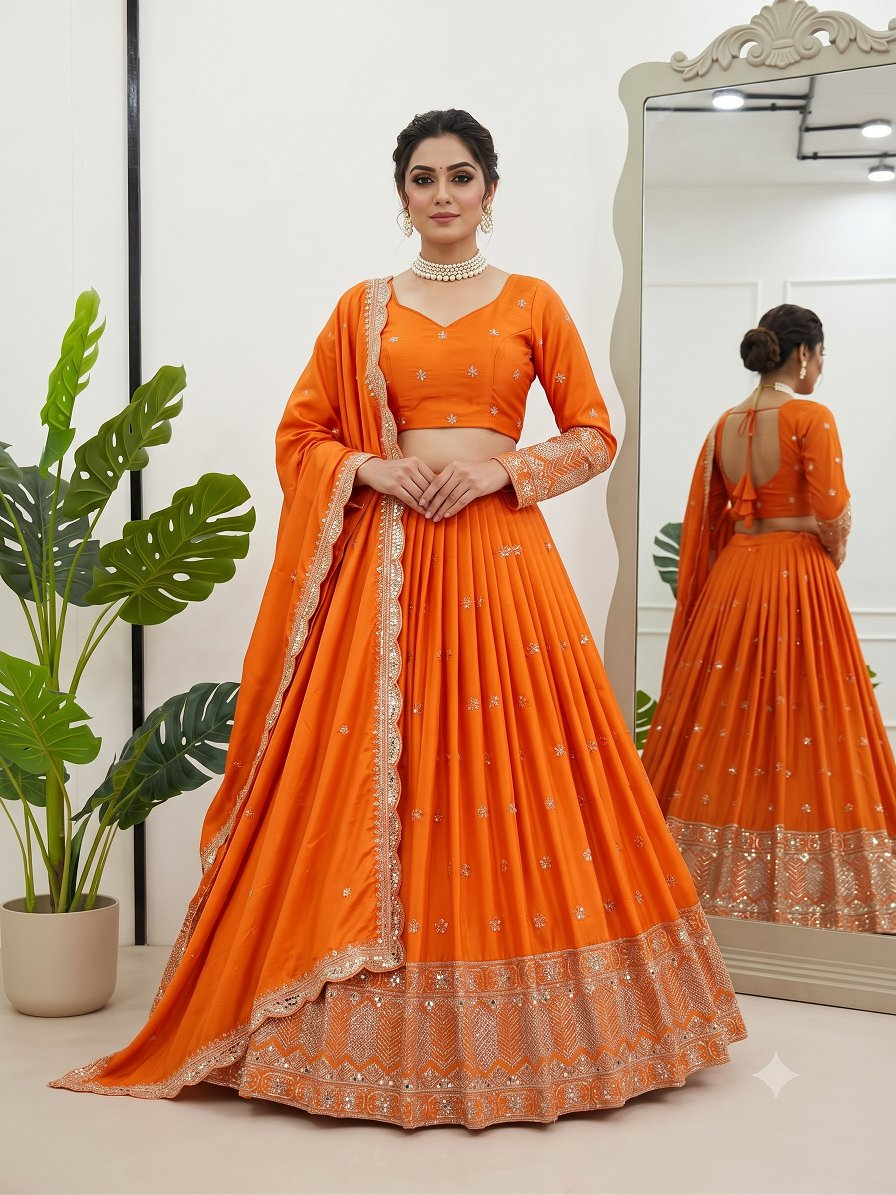 Lehenga Mart Flared Satin Silk Thread With Sequnce Work Orange Lehenga Choli Set