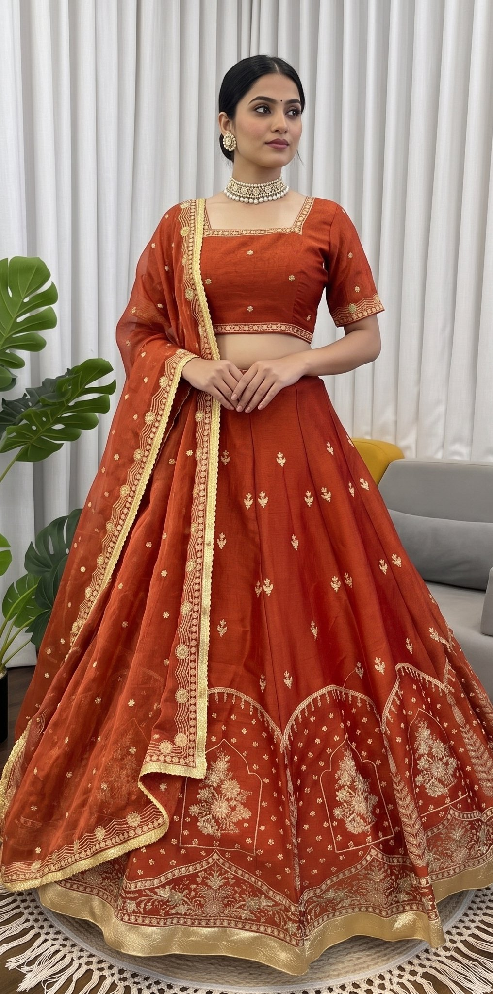 Lehenga Mart Flared Silk Thread With Sequnce Work Rust Lehenga Choli Set