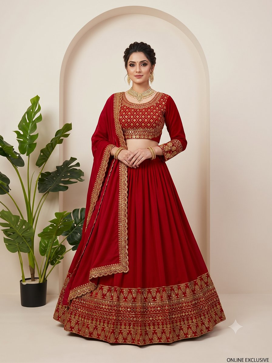 Lehenga Mart Flared Vichitra Silk Thread With Sequnce Work Red Lehenga Choli Set
