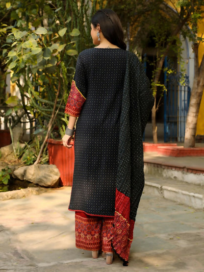Juniper Black Ethnic Motif Placement Printed Rayon Kurta With Pant And Dupatta With Bead & Sequence Work - Distacart