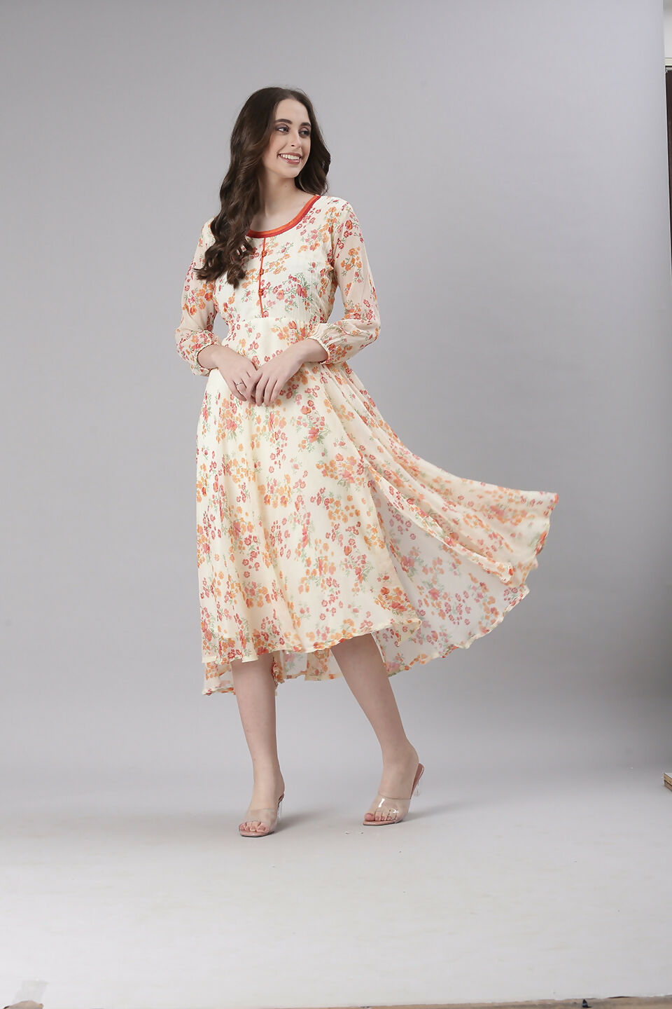 Souchii Cream Floral Printed Fit & Flare Dress