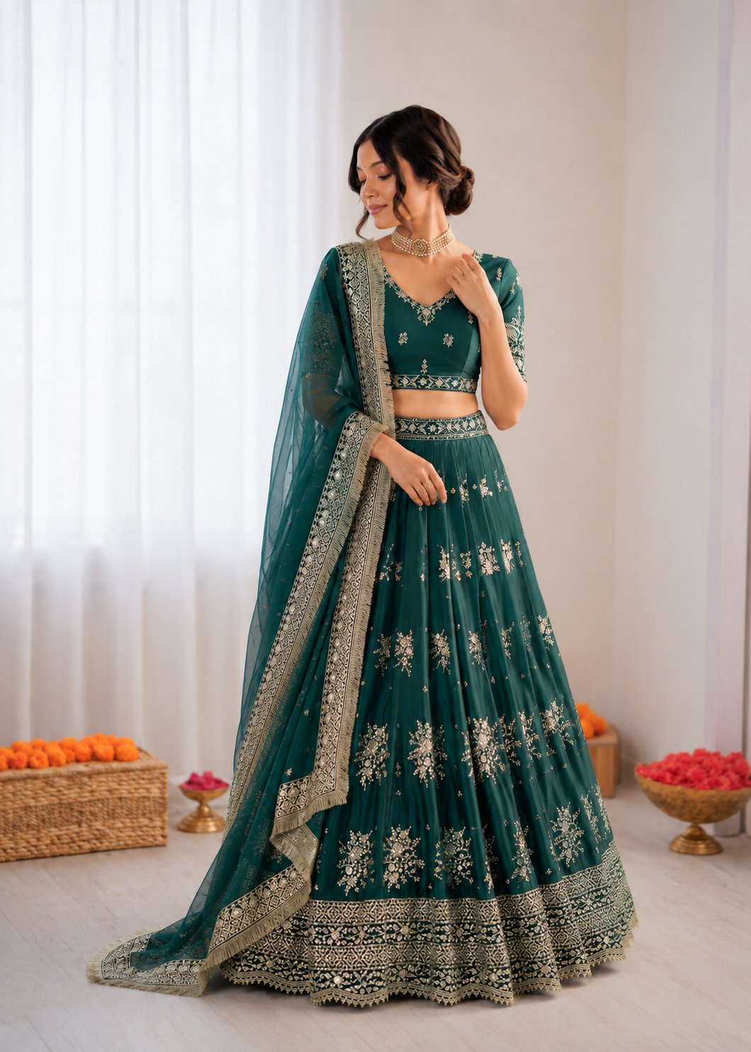 Prazu Fashion Rama Jatan Silk Thread With Sequence Designer Lehenga - Dista