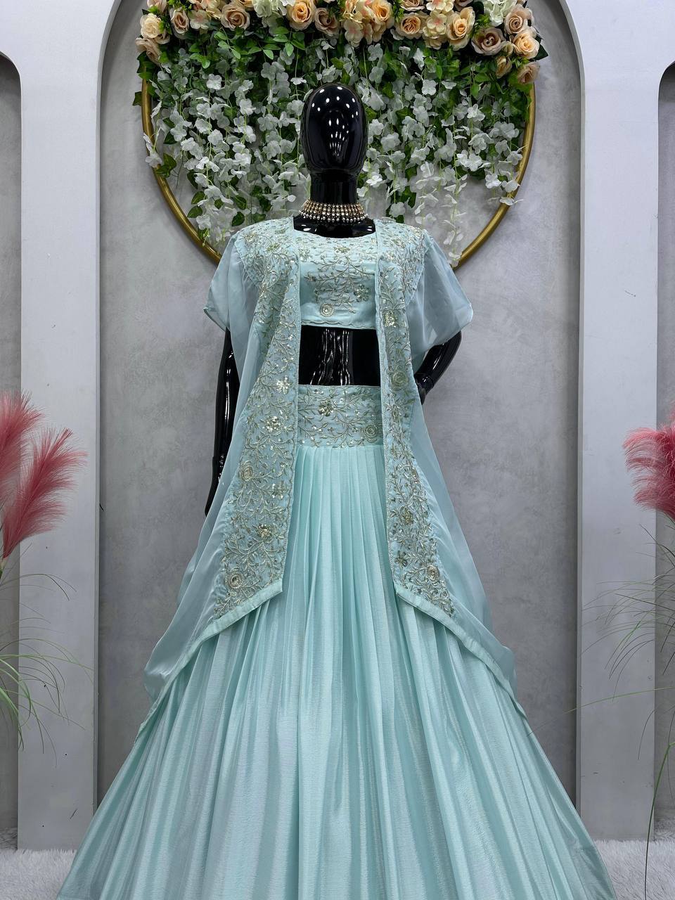 Prazu Fashion Light Sky Blue Chinon Silk Thread Sequence Wedding Lehenga Choli