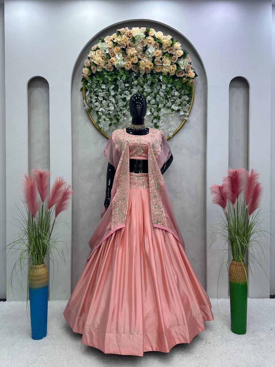 Prazu Fashion Peach Chinon Silk Thread Sequence Wedding Lehenga Choli