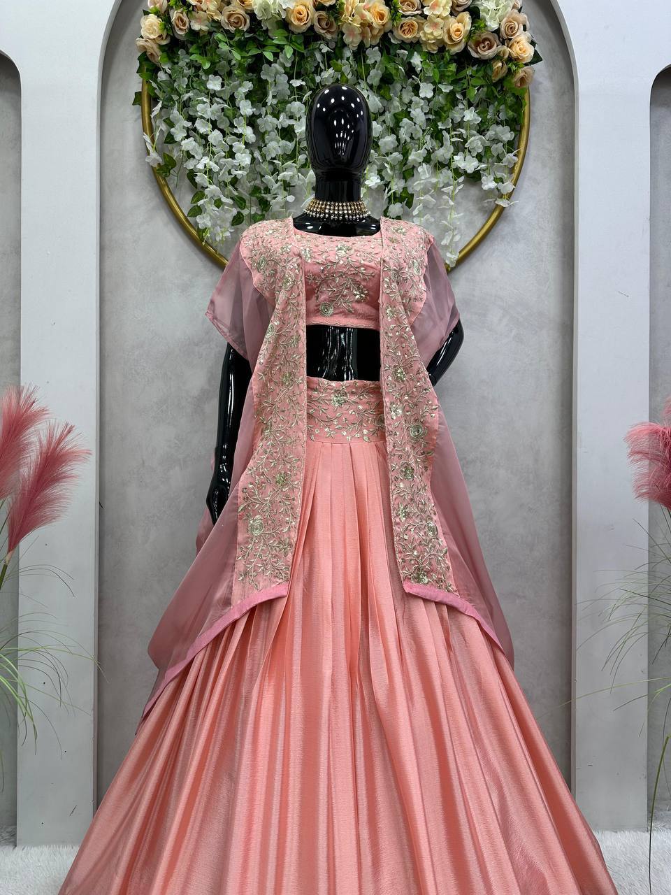 Prazu Fashion Peach Chinon Silk Thread Sequence Wedding Lehenga Choli - Distacart