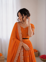 Thumbnail for Prazu Fashion Orange Satin Silk Thread With Sequence Designer Lehenga