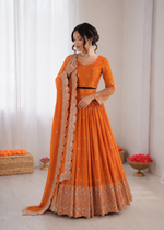 Thumbnail for Prazu Fashion Orange Satin Silk Thread With Sequence Designer Lehenga