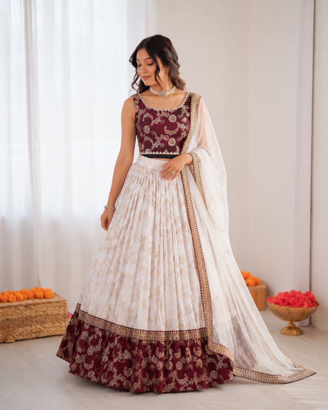 Prazu Fashion Off White Jacquard Coding With Sequence Designer Lehenga - Dista