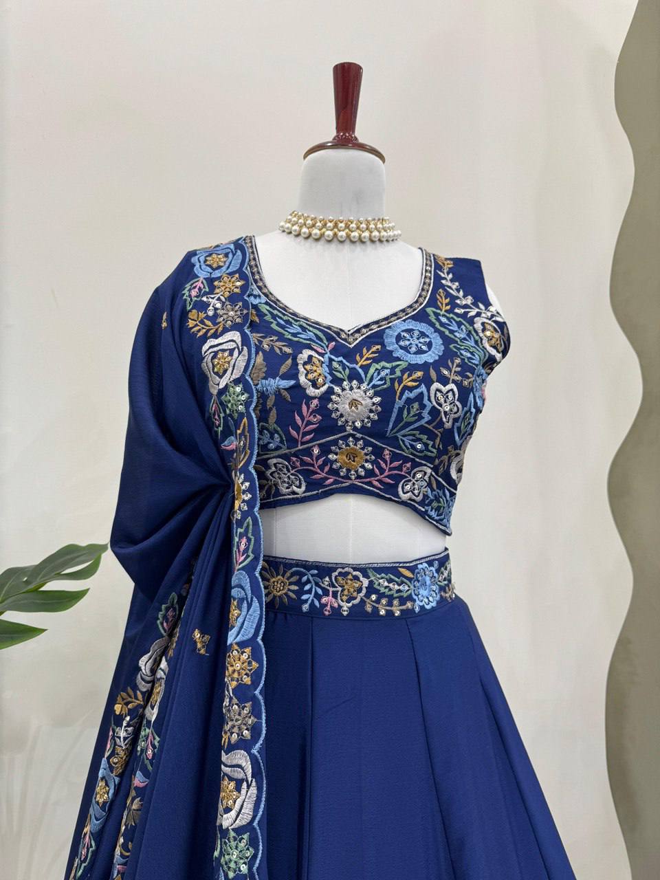 Prazu Fashion Blue Chinon Silk Thread Sequence Wedding Lehenga Choli