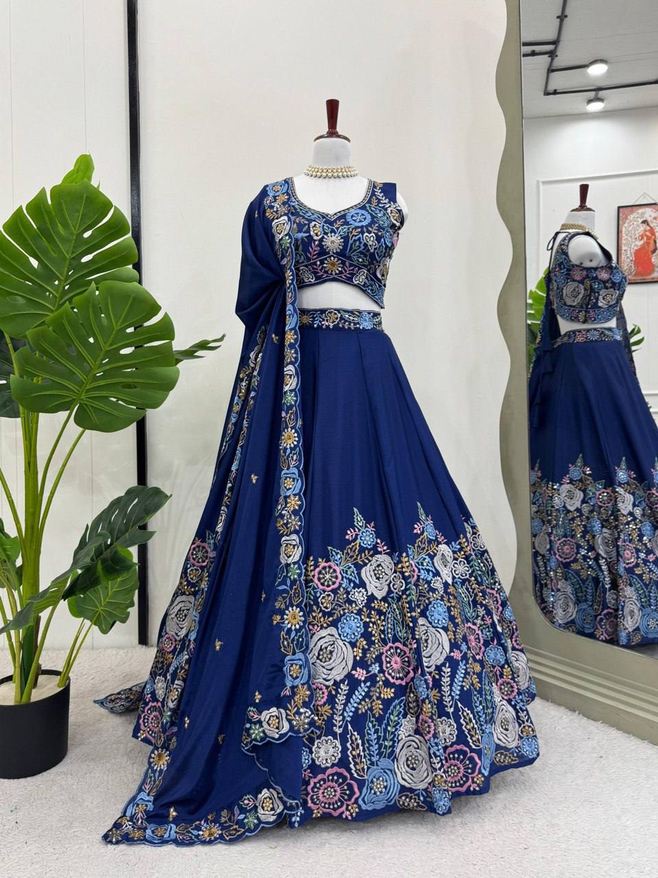 Prazu Fashion Blue Chinon Silk Thread Sequence Wedding Lehenga Choli