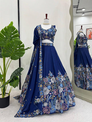 Prazu Fashion Blue Chinon Silk Thread Sequence Wedding Lehenga Choli