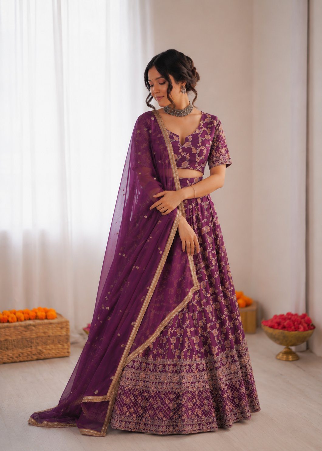 Prazu Fashion Purple Jacquard Thread With Sequence Designer Lehenga - Dista