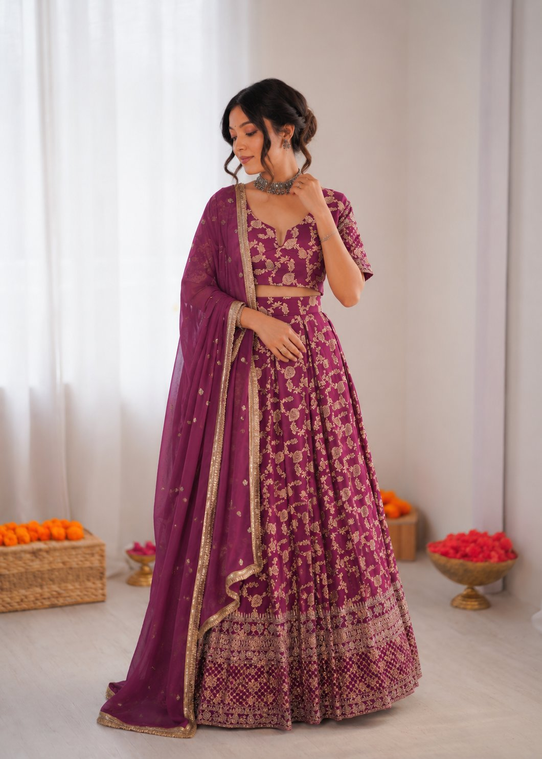 Prazu Fashion Wine Jacquard Thread With Sequence Designer Lehenga - Dista