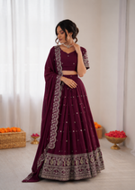 Thumbnail for Prazu Fashion Wine Chinon Silk Thread With Sequence Designer Lehenga