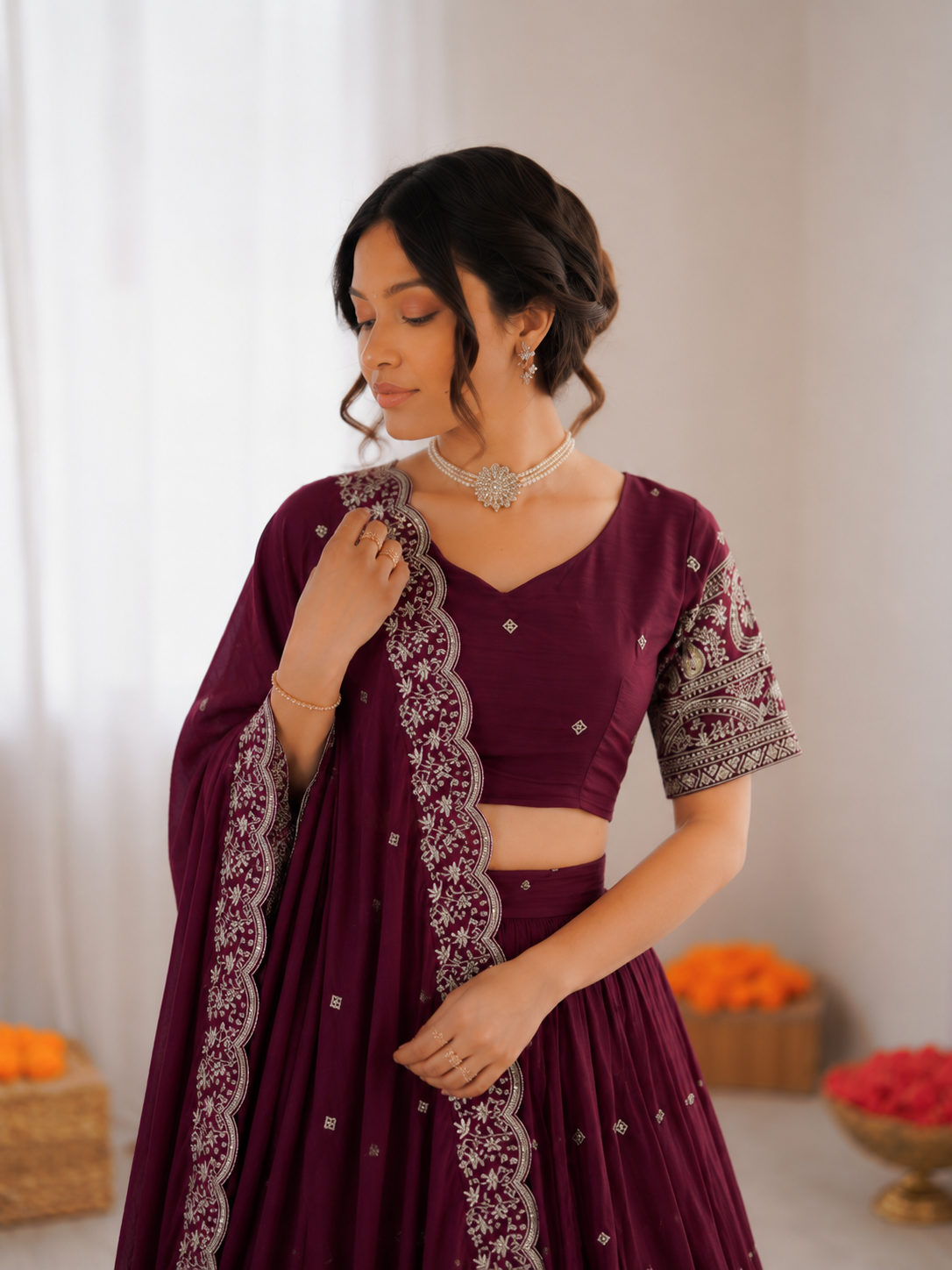 Prazu Fashion Wine Chinon Silk Thread With Sequence Designer Lehenga