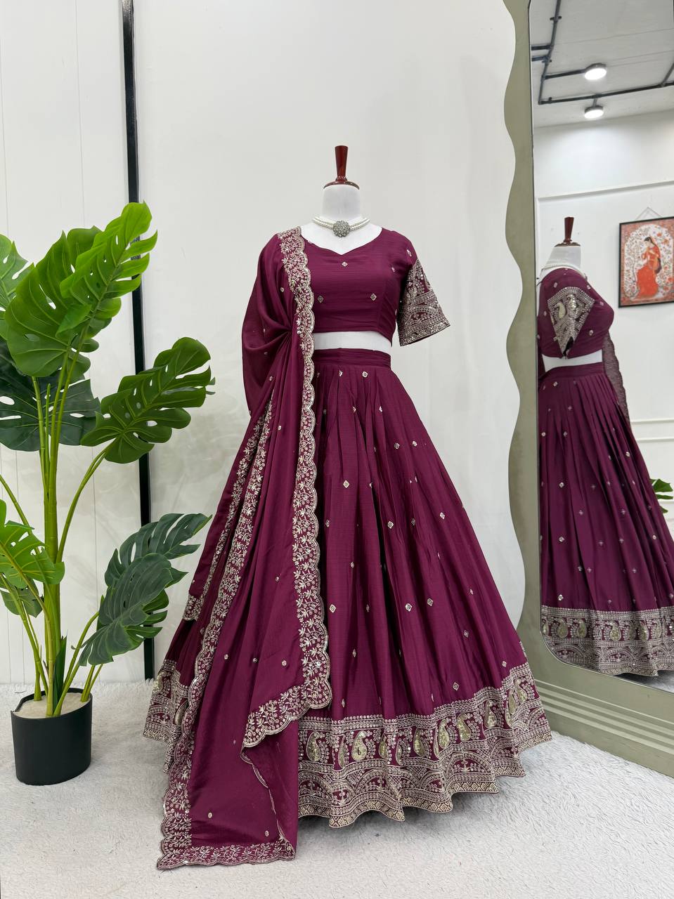 Prazu Fashion Wine Chinon Silk Thread With Sequence Designer Lehenga