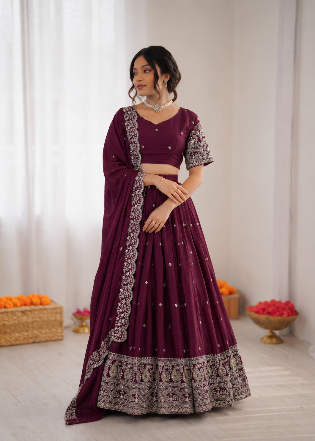 Prazu Fashion Wine Chinon Silk Thread With Sequence Designer Lehenga