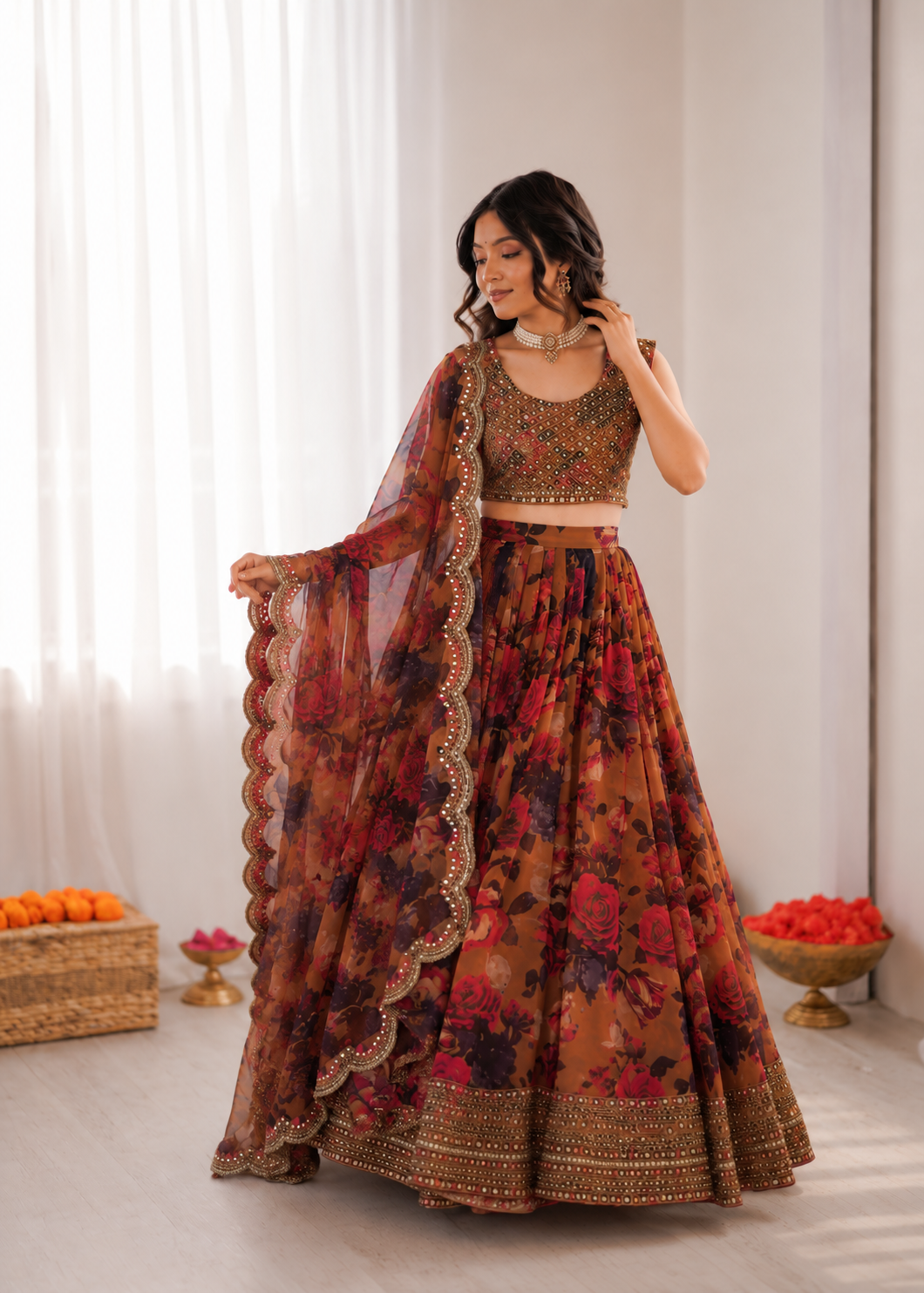 Prazu Fashion Multi Color Organza Silk Digital Print Thread Work Lehenga