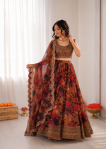 Thumbnail for Prazu Fashion Multi Color Organza Silk Digital Print Thread Work Lehenga