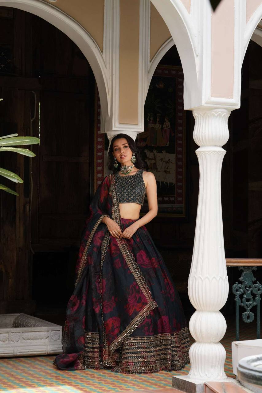 Prazu Fashion Black Organza Digital Printed Lehenga Choli - Distacart