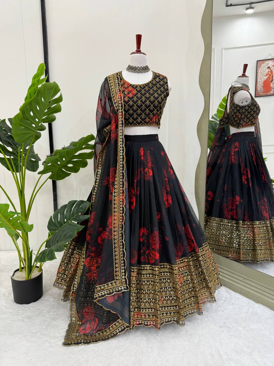 Prazu Fashion Black Organza Digital Printed Lehenga Choli